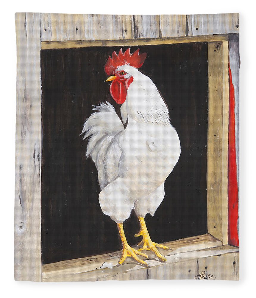 Rooster Perched At His Coop Fleece Blanket featuring the painting Wake Up Call by Tammy Taylor