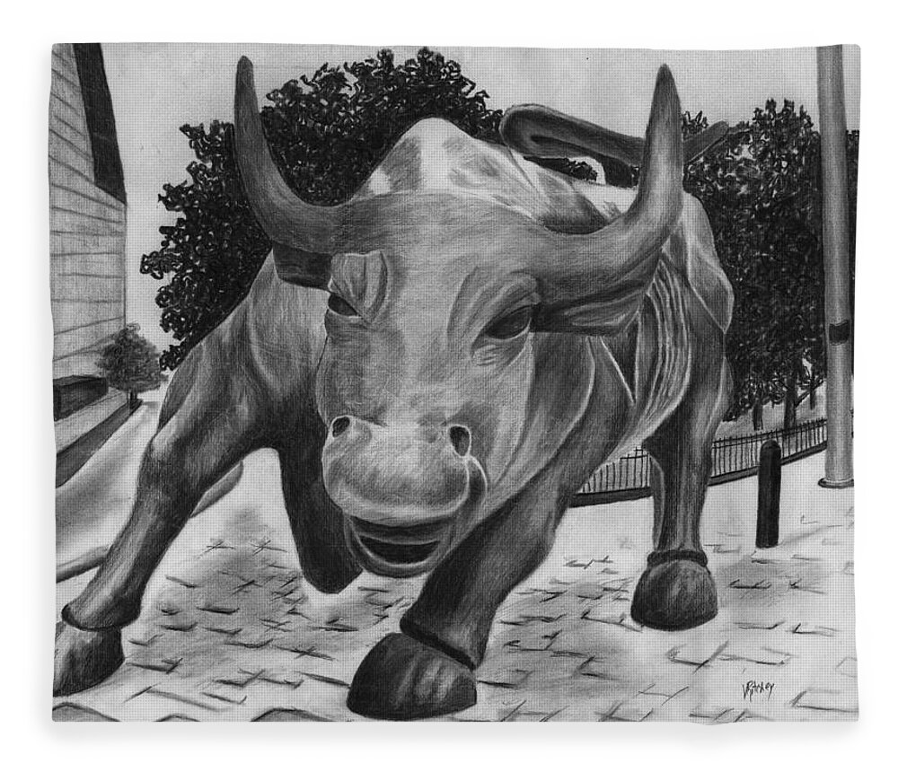 Wall Street Bull Fleece Blanket featuring the drawing Wall Street Bull by Vic Ritchey