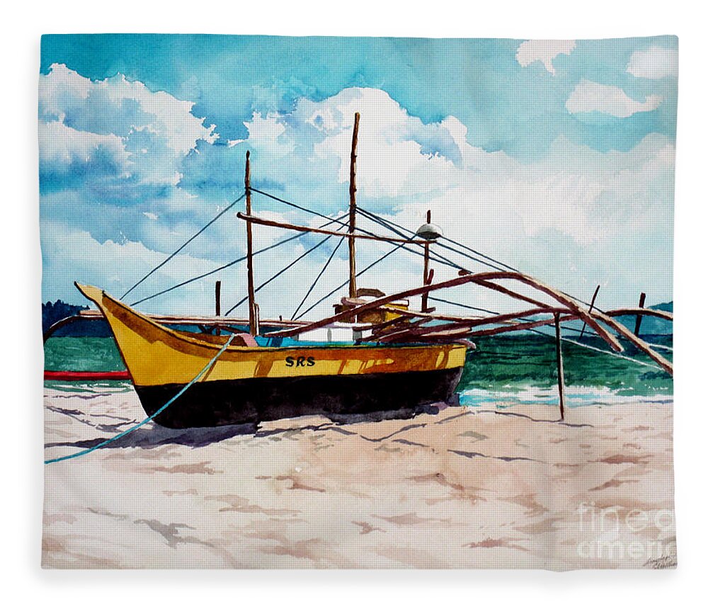 Boat Fleece Blanket featuring the painting Yellow Boat Docking on the Shore by Christopher Shellhammer