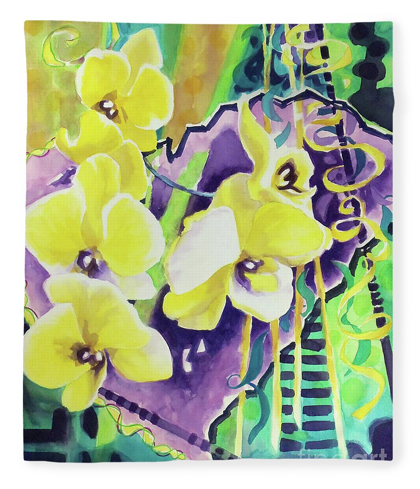 Paintings Fleece Blanket featuring the painting Yellow Orchids of the Heart by Kathy Braud