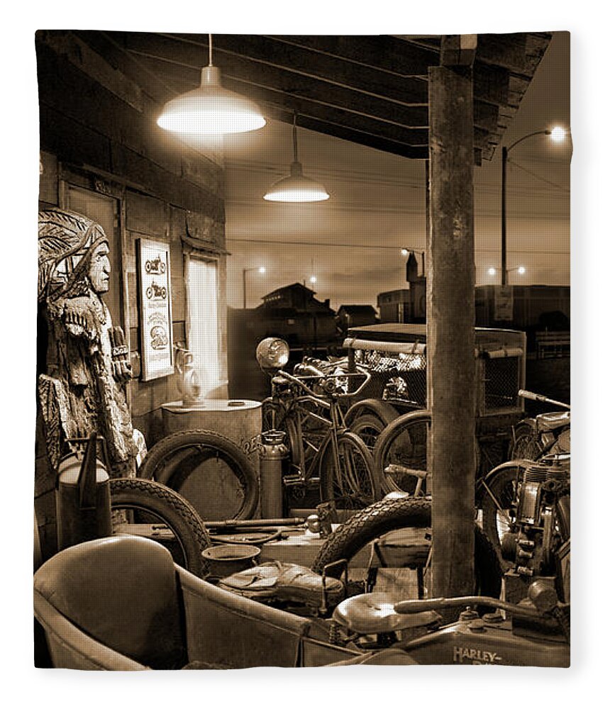 Motorcycle Shop Fleece Blanket featuring the photograph The Motorcycle Shop by Mike McGlothlen