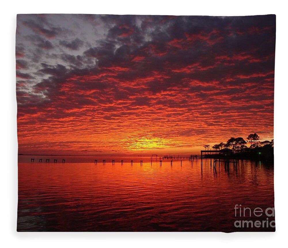 20110205 Fleece Blanket featuring the photograph 0205 Awesome Sunset Colors on Santa Rosa Sound by Jeff at JSJ Photography