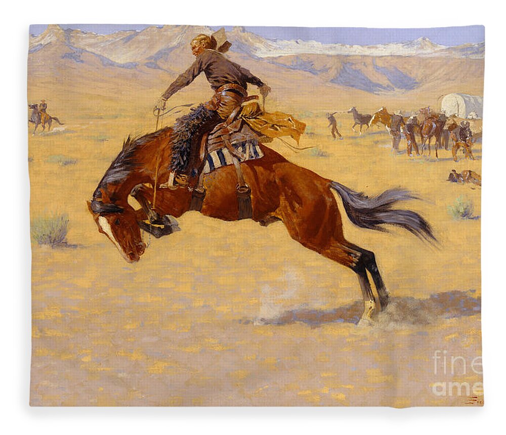 Cowboy; Horse; Pony; Rearing; Bronco; Wild West; Old West; Plain; Plains; American; Landscape; Breaking; Horses; Snow-capped; Mountains; Mountainous Fleece Blanket featuring the painting A Cold Morning on the Range by Frederic Remington