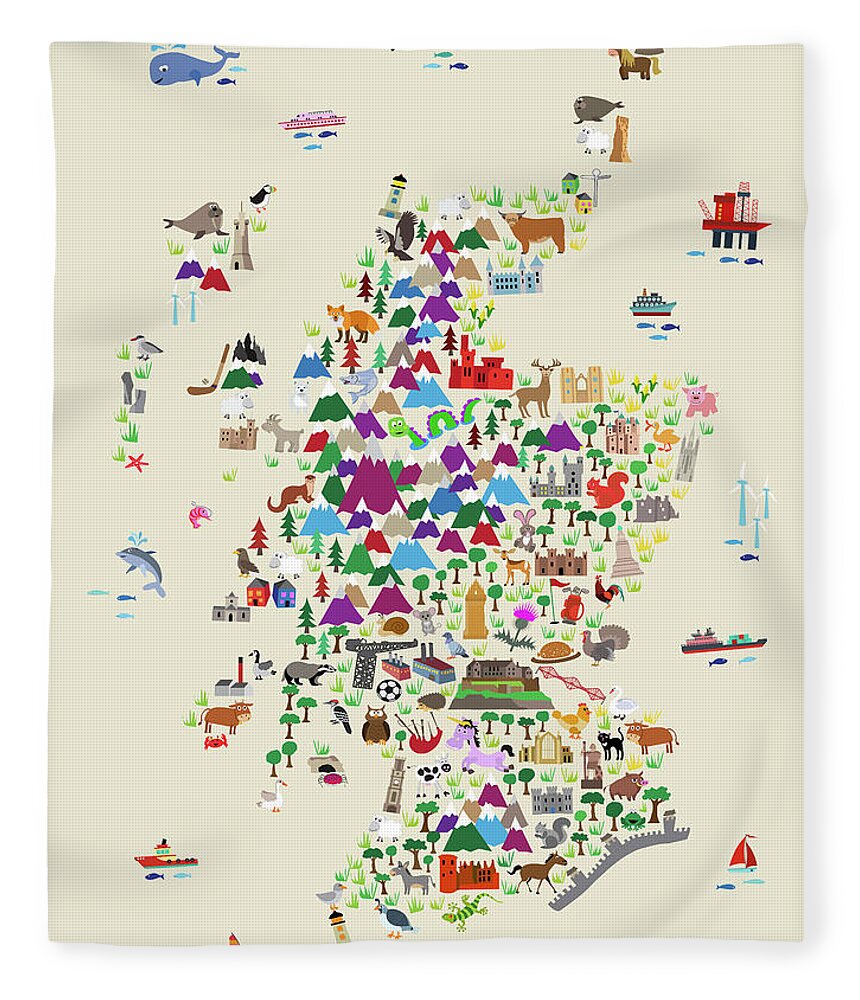 Animal Map Of Scotland For Children And Kids Fleece Blanket For