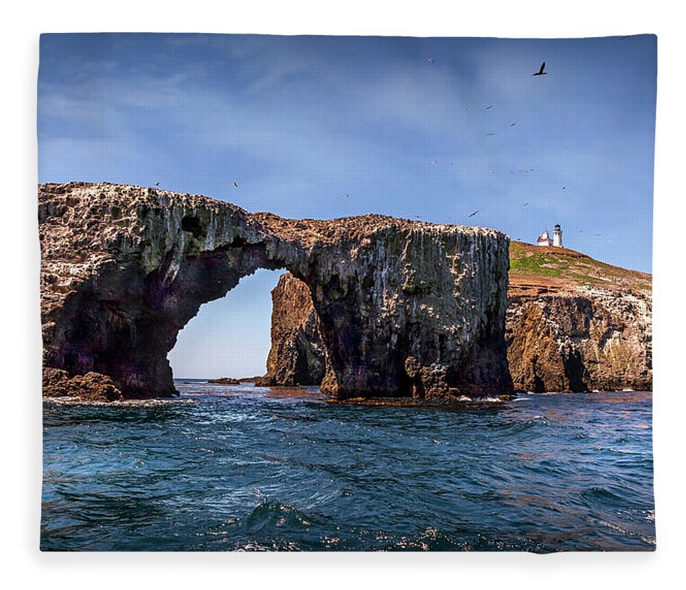 Arch Rock Fleece Blanket featuring the photograph Arch Rock and Lighthouse #1 by Endre Balogh