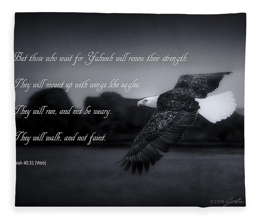 Bald Eagle Fleece Blanket featuring the photograph Bald Eagle in Flight With Bible Verse by John A Rodriguez