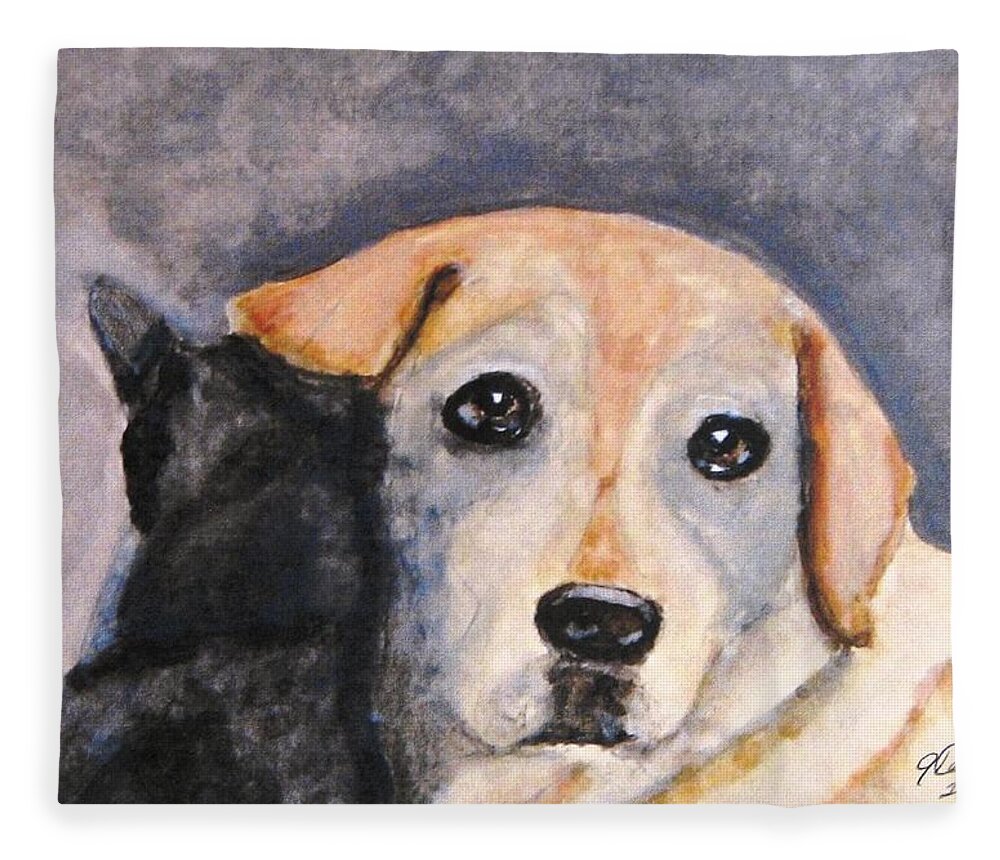 Yellow Labs Fleece Blanket featuring the painting Best Friends #1 by Angela Davies