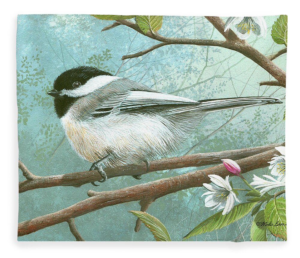 Black Cap Chickadee Fleece Blanket featuring the painting Black Cap Chickadee #1 by Mike Brown