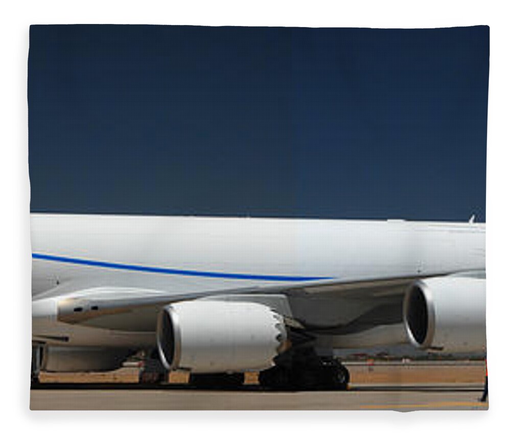 Airplane Fleece Blanket featuring the photograph Boeing 747-8 N50217 at Phoenix-Mesa Gateway Airport #1 by Brian Lockett