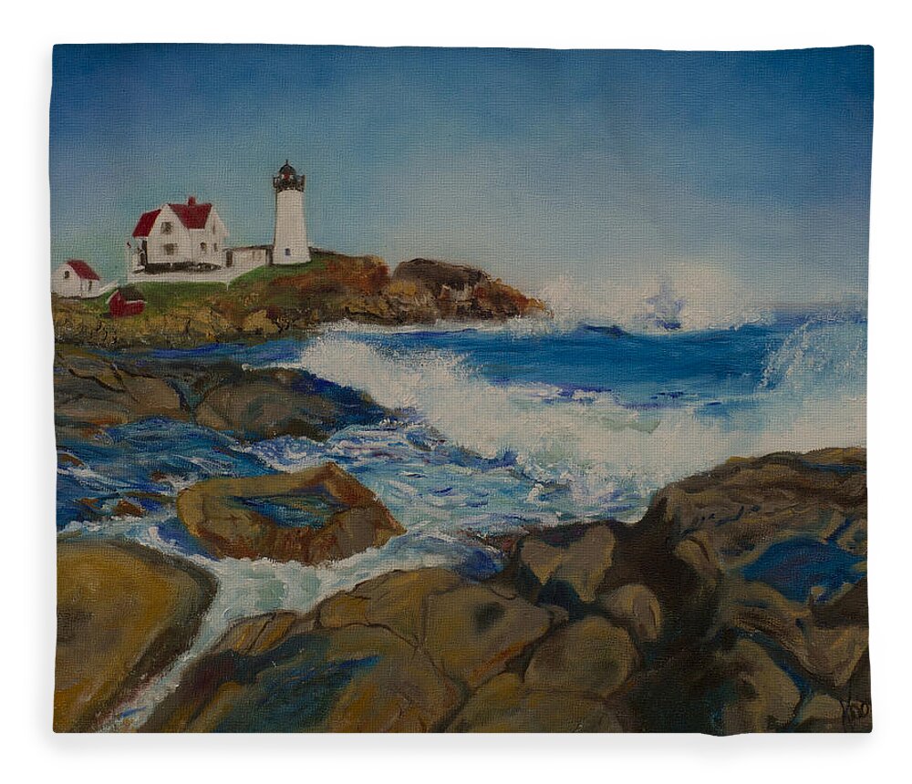 Seascape Fleece Blanket featuring the painting Cape Neddick by Kathy Knopp
