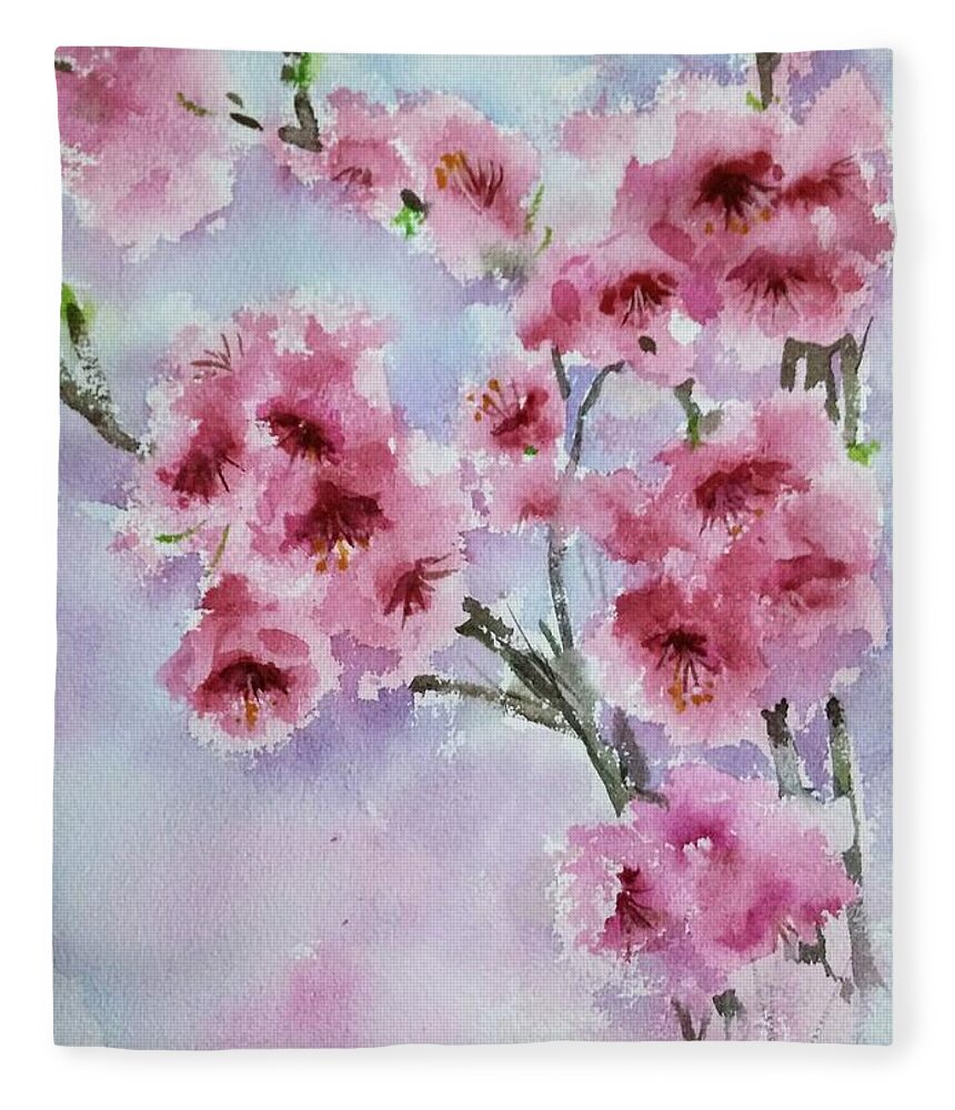 Cherry Blossoms Fleece Blanket featuring the painting Cherry blossoms #1 by Asha Sudhaker Shenoy