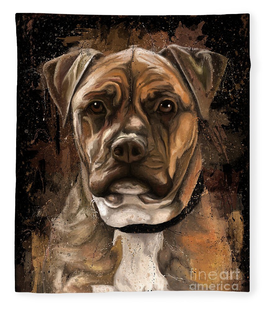 Amstaff Terrier Fleece Blanket featuring the painting Dog portrait painting, American staffordshire terrier by Nadia CHEVREL