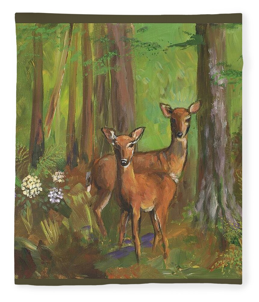 Nature Fleece Blanket featuring the painting Deer Friends by Sofanya White