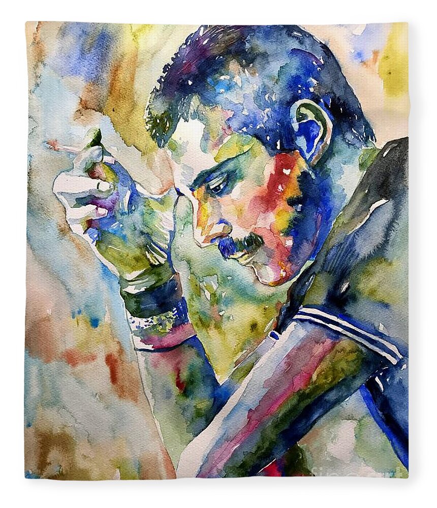 Freddie Fleece Blanket featuring the painting Freddie Mercury watercolor by Suzann Sines