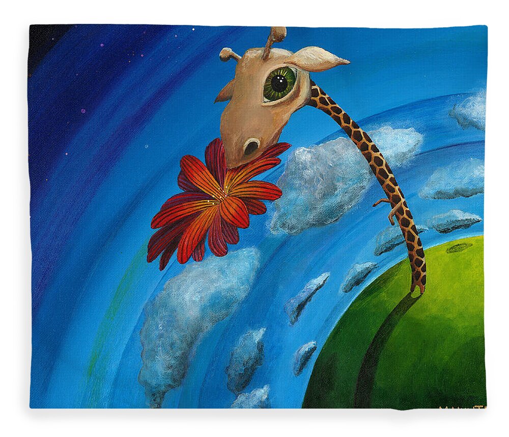Giraffe Fleece Blanket featuring the painting Reach For the Sky by Mindy Huntress