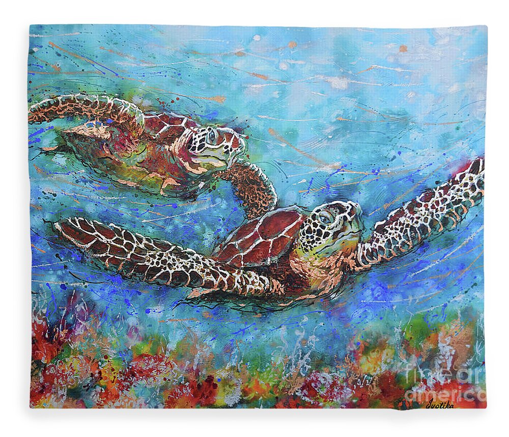 Marine Turtles Fleece Blanket featuring the painting Gliding Turtles by Jyotika Shroff