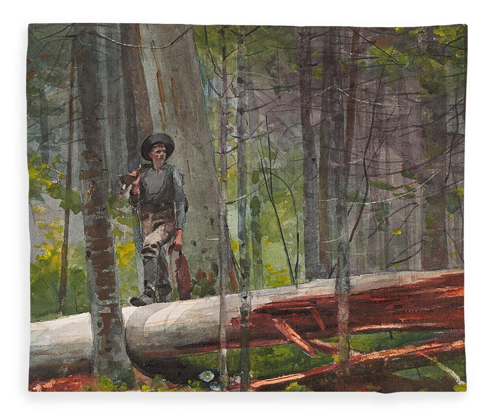 Winslow Homer Fleece Blanket featuring the drawing Hunter in the Adirondacks #1 by Winslow Homer