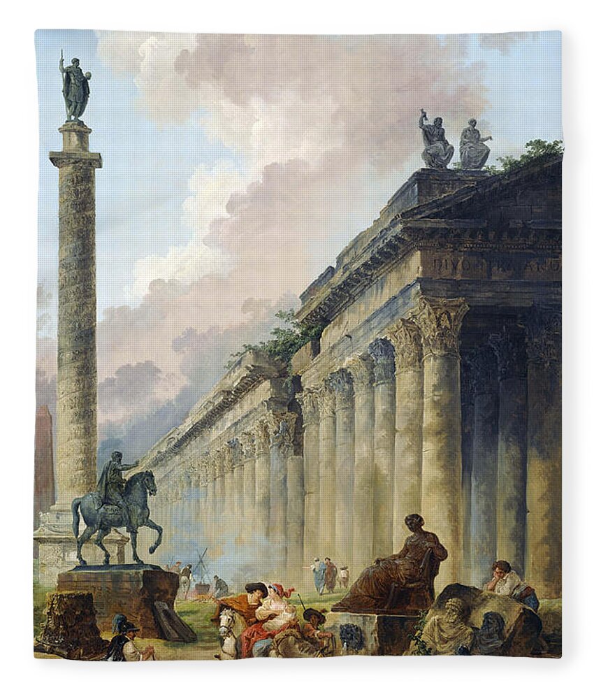 Hubert Robert Fleece Blanket featuring the painting Imaginary View of Rome with Equestrian Statue of Marcus Aurelius, the Column of Trajan and a Temple by Hubert Robert