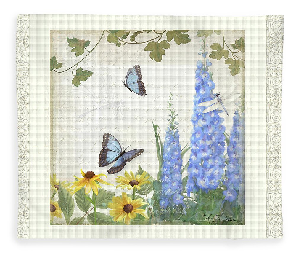 E Petit Jardin Fleece Blanket featuring the painting Le Petit Jardin 1 - Garden Floral w Butterflies, Dragonflies, Daisies and Delphinium by Audrey Jeanne Roberts