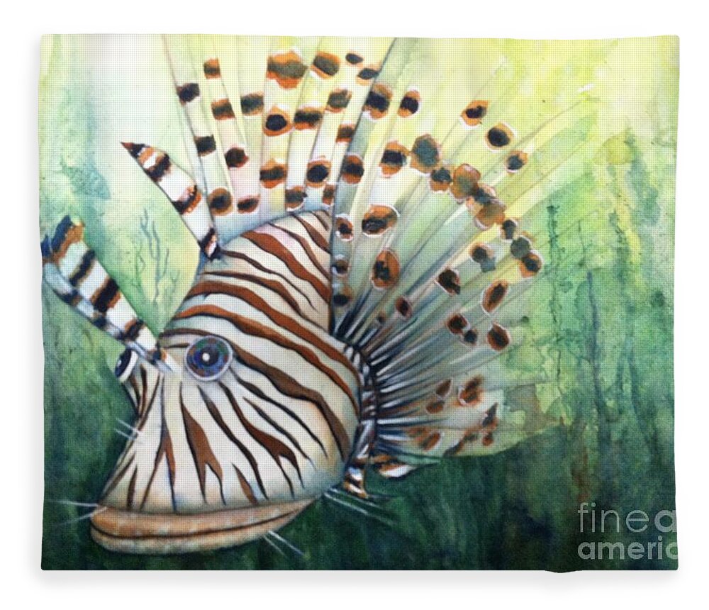 Lionfish Fleece Blanket featuring the painting Lionfish by Midge Pippel
