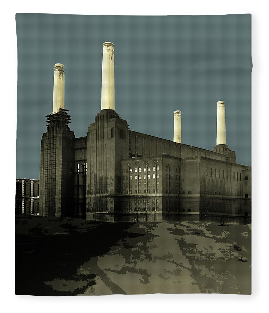 Wheel Fleece Blanket featuring the painting London - Battersea Power Station - Soft Blue Greys #1 by BFA Prints