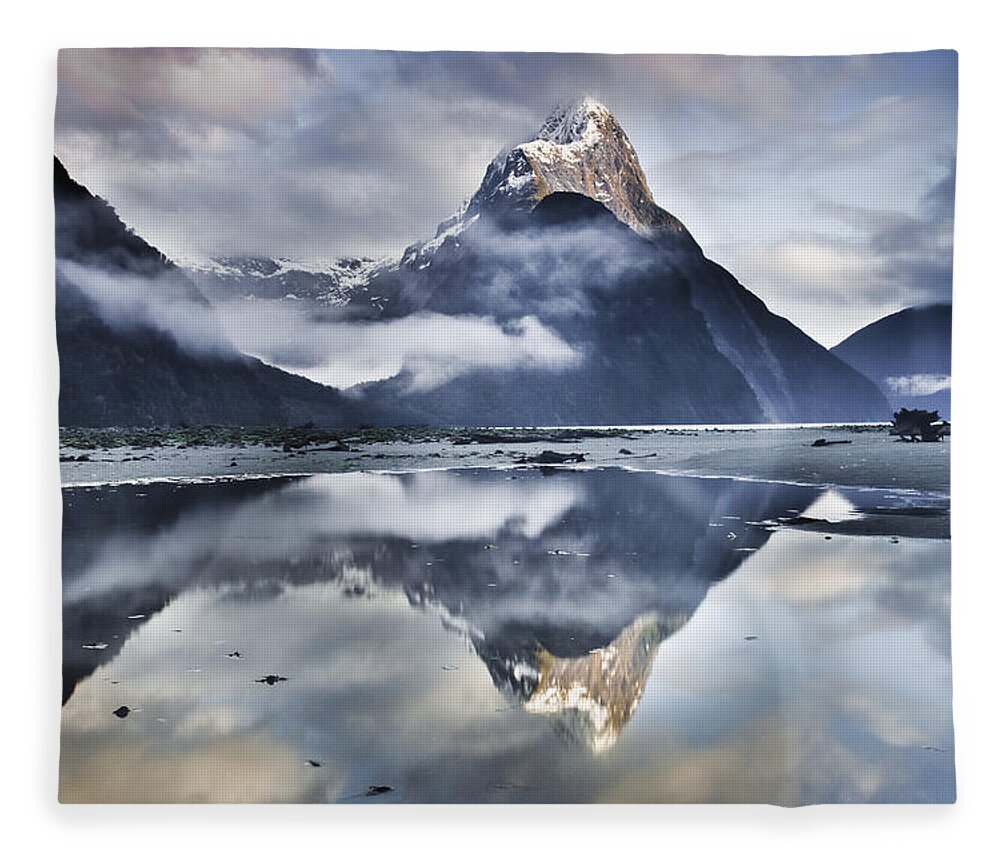 00438708 Fleece Blanket featuring the photograph Mitre Peak Reflecting In Milford Sound by Colin Monteath