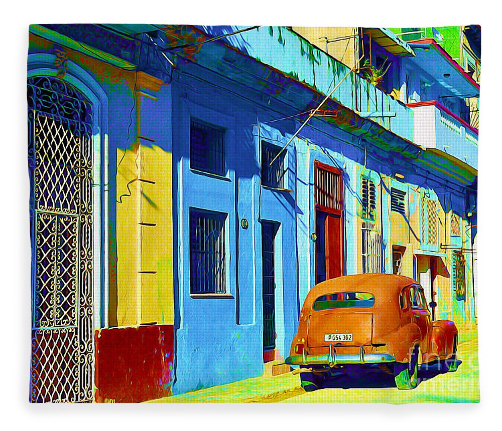 Havana Fleece Blanket featuring the painting Orange Classic Car - Havana Cuba #2 by Chris Andruskiewicz