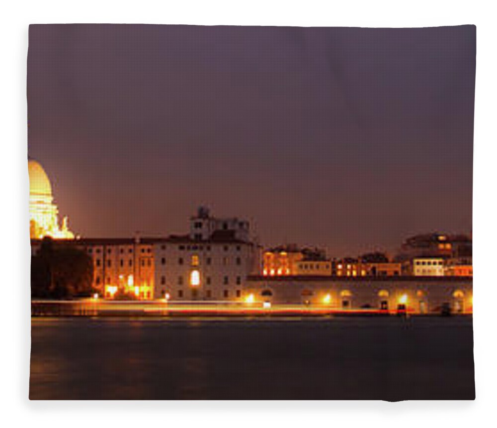 Bridge Fleece Blanket featuring the photograph Panorama By Night Of Venice, italian City #1 by Amanda Mohler