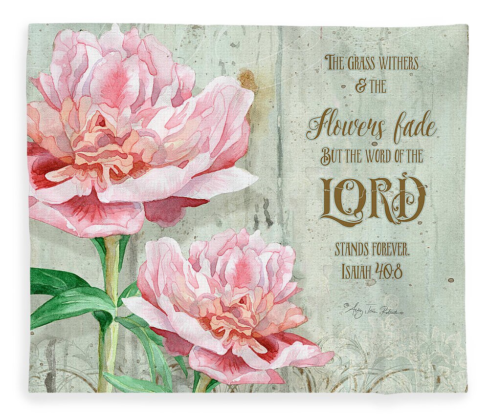 Pink Fleece Blanket featuring the painting Peony at the Fence #1 by Audrey Jeanne Roberts