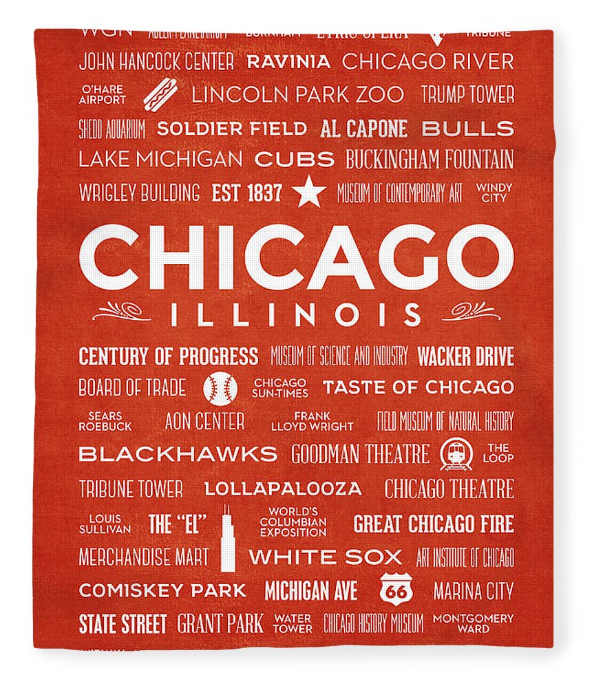 Chicago Fleece Blanket featuring the digital art Places of Chicago on Orange Chalkboard by Christopher Arndt