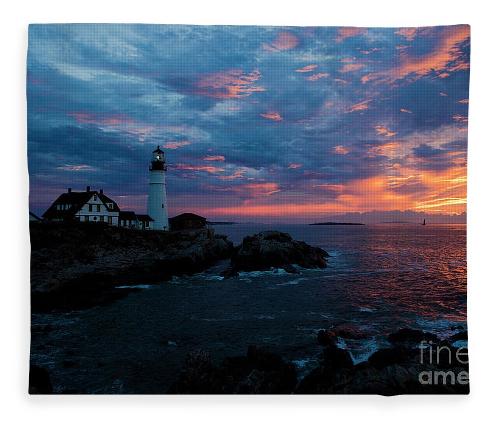 Lighthouse Fleece Blanket featuring the photograph Portland Head Light at Sunrise #1 by Diane Diederich