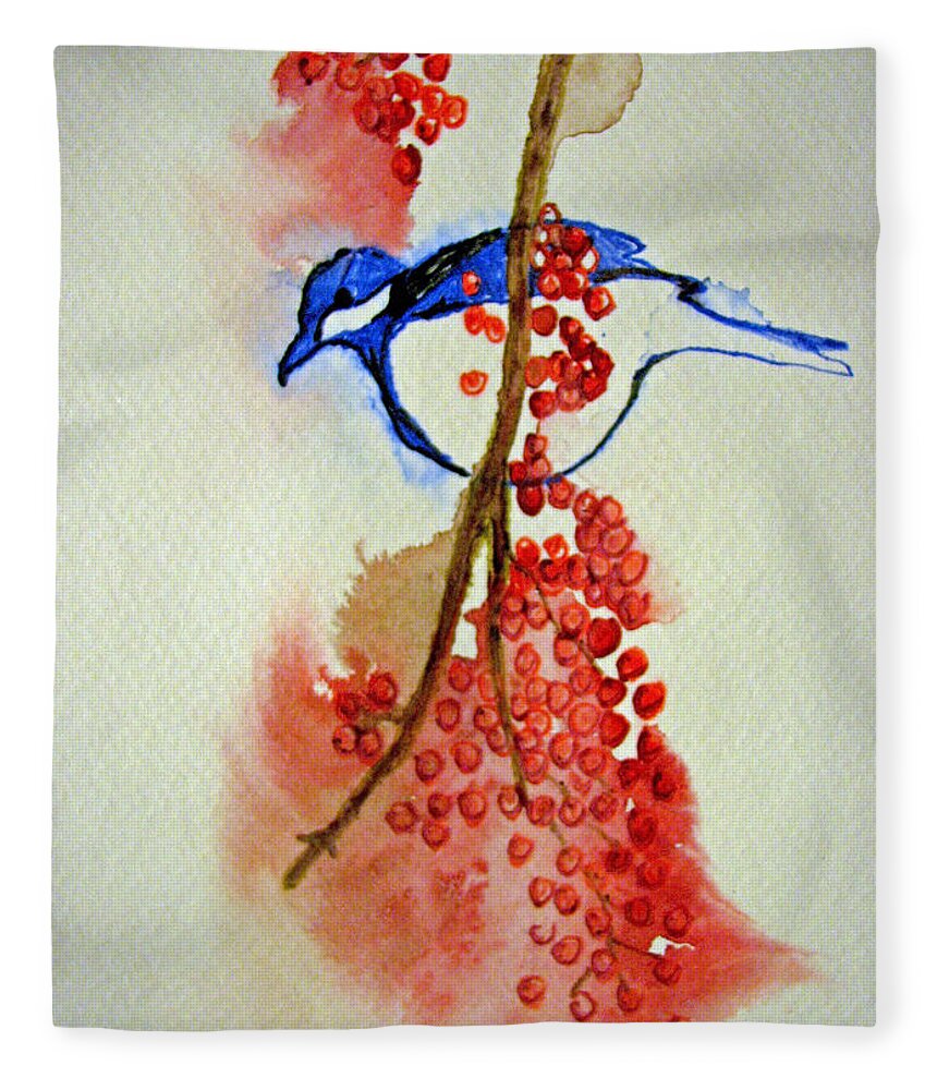 Birds Fleece Blanket featuring the painting Red Berry Blue Bird #1 by Patricia Arroyo