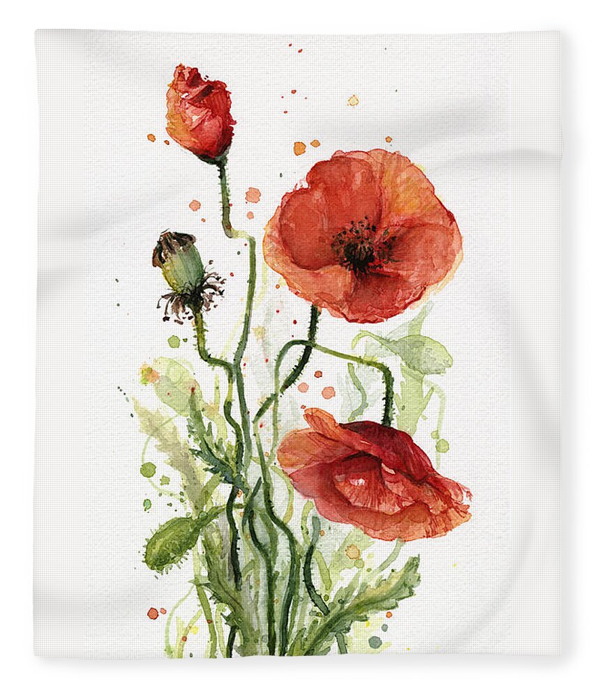 Red Poppy Fleece Blanket featuring the painting Red Poppies Watercolor by Olga Shvartsur