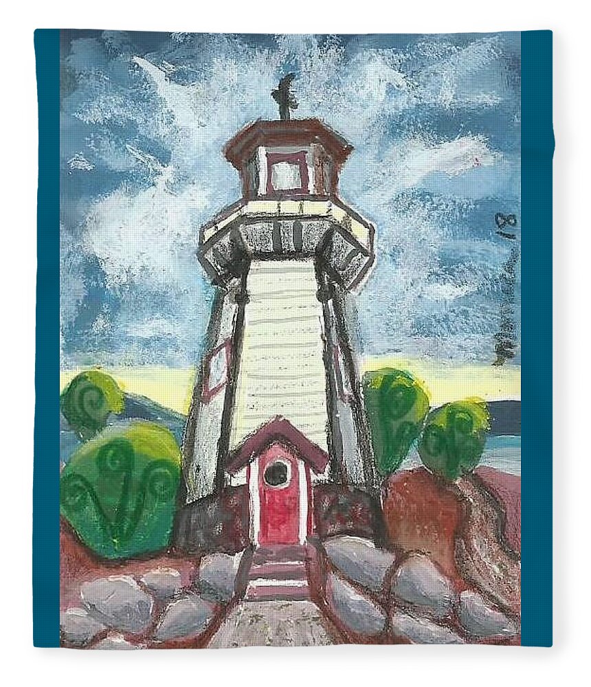Lighthouse Fleece Blanket featuring the painting River Rouge Memorial Lighthouse by Monica Resinger