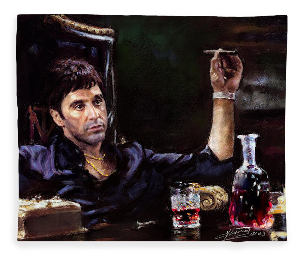 Al Pacino Fleece Blanket featuring the pastel Scarface by Ylli Haruni