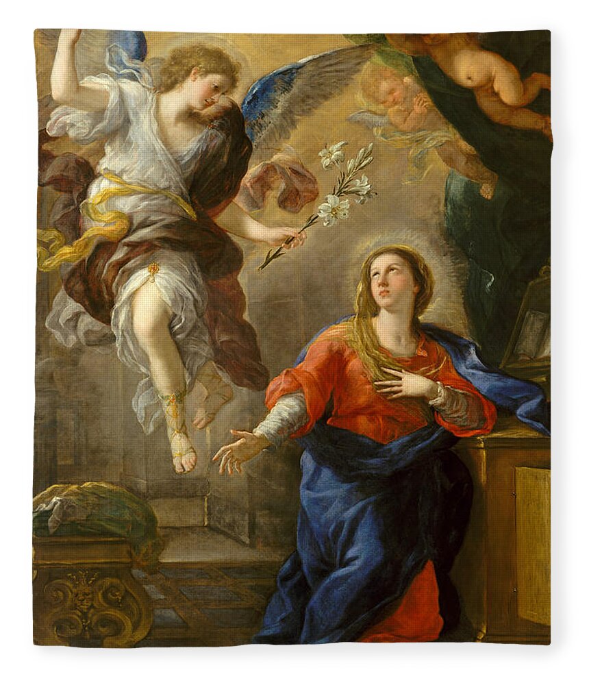 Luca Giordano Fleece Blanket featuring the painting The Annunciation #1 by Luca Giordano