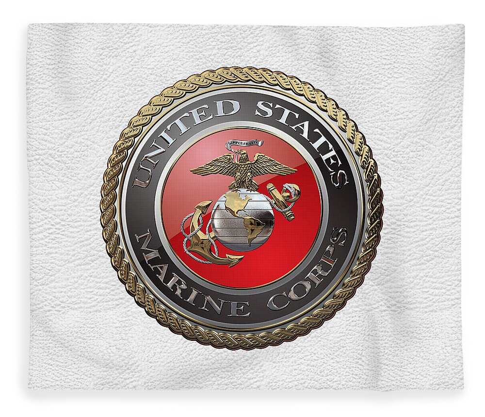 'usmc' Collection By Serge Averbukh Fleece Blanket featuring the digital art U. S. Marine Corps - U S M C Emblem over White Leather by Serge Averbukh