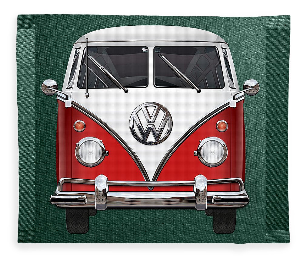 'volkswagen Type 2' Collection By Serge Averbukh Fleece Blanket featuring the photograph Volkswagen Type 2 - Red and White Volkswagen T 1 Samba Bus over Green Canvas by Serge Averbukh