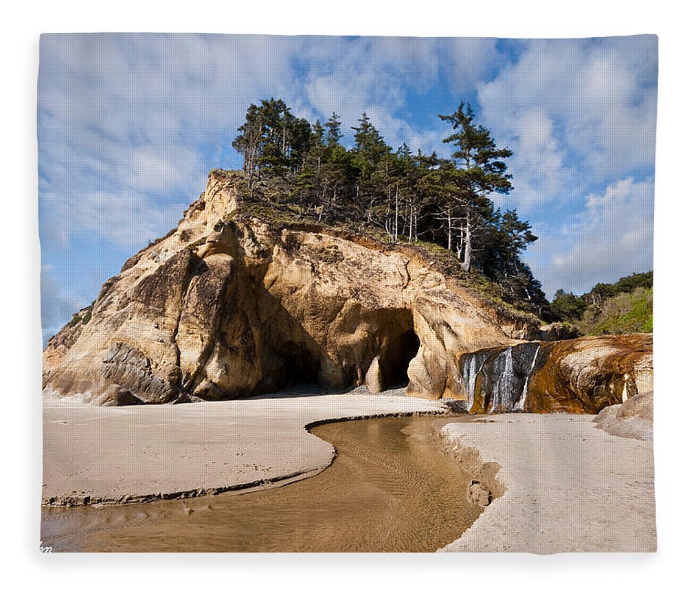 Beach Fleece Blanket featuring the photograph Waterfall Flowing into the Pacific Ocean #2 by Jeff Goulden