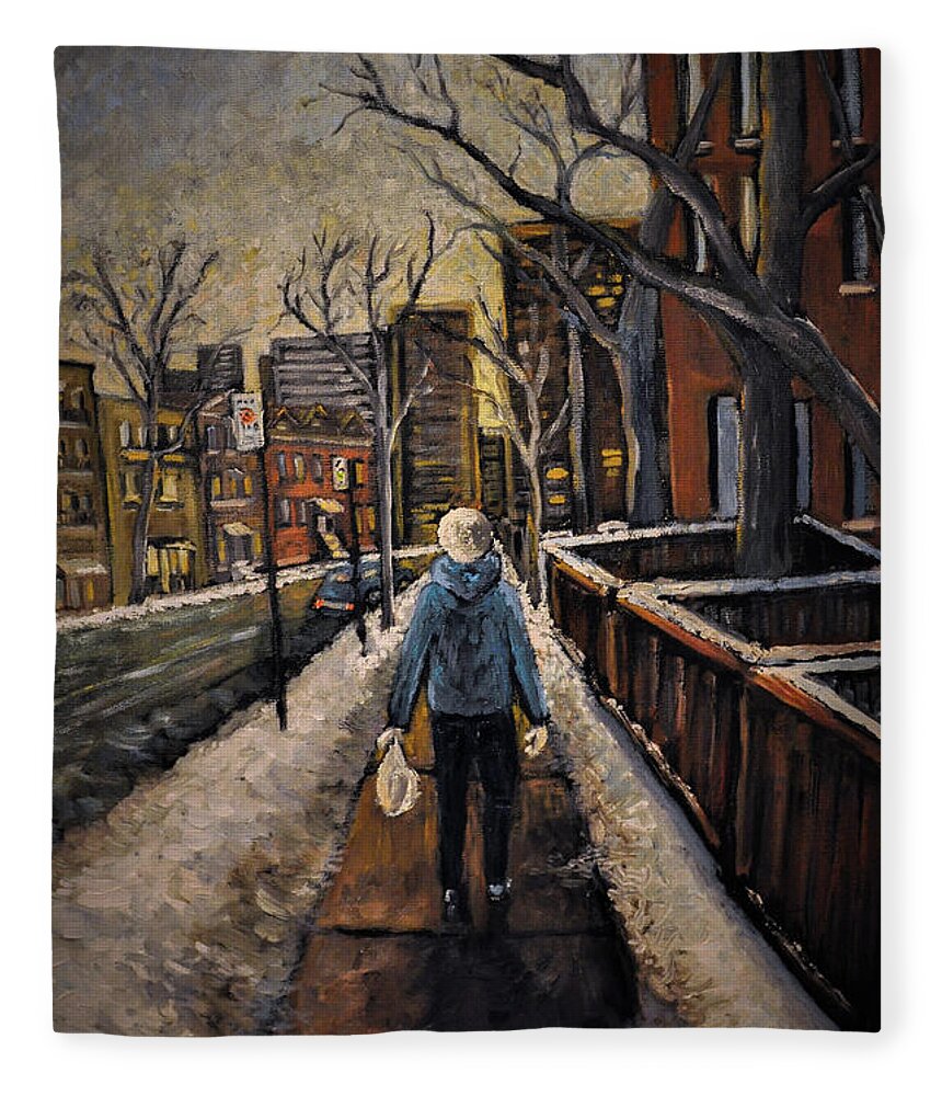 Montreal Fleece Blanket featuring the painting Winter in the City #1 by Reb Frost