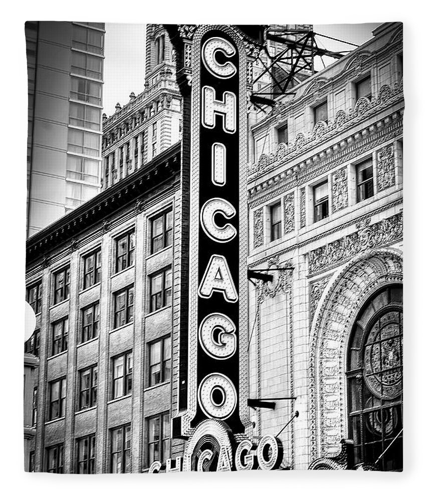 Chicago Fleece Blanket featuring the photograph 1077 Chicago Theater Black and White by Steve Sturgill