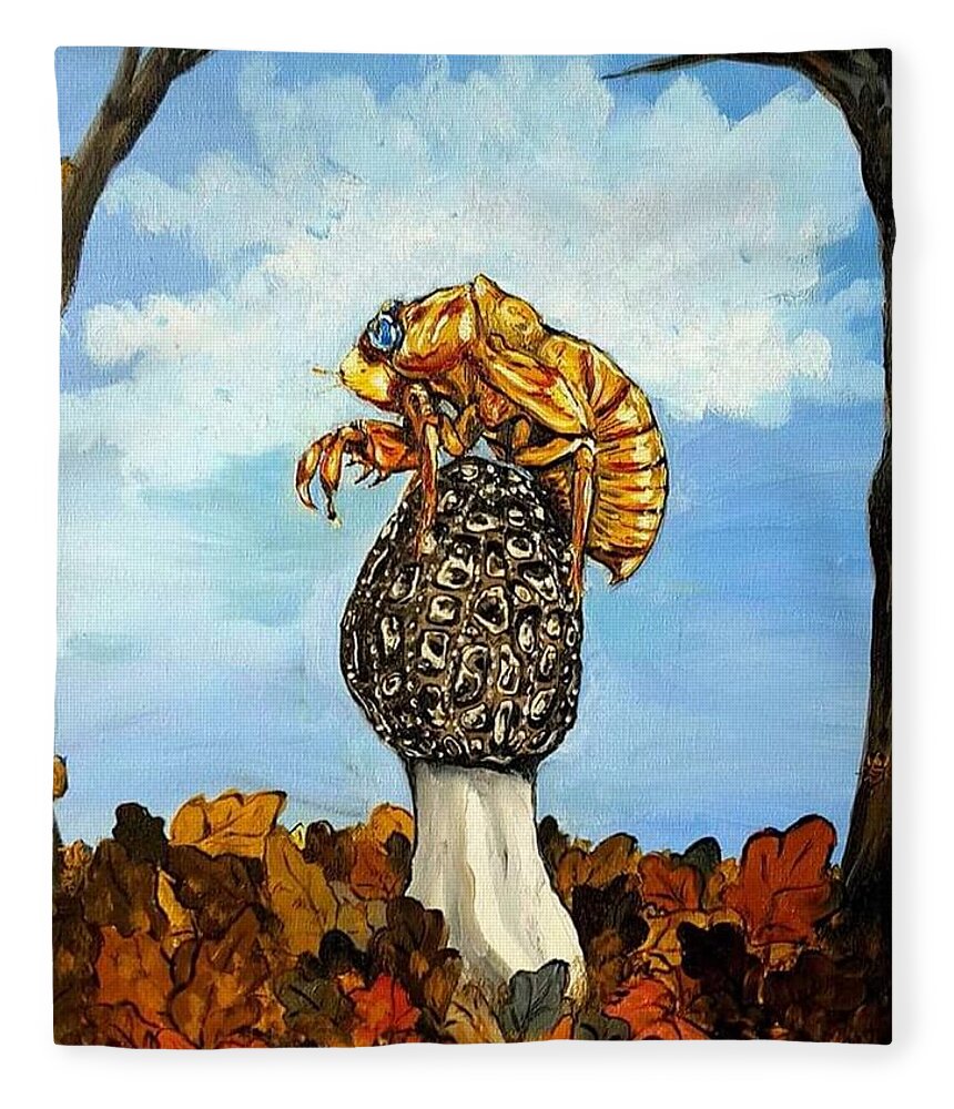 Morel Fleece Blanket featuring the painting 17 year Cicada With Morel by Alexandria Weaselwise Busen