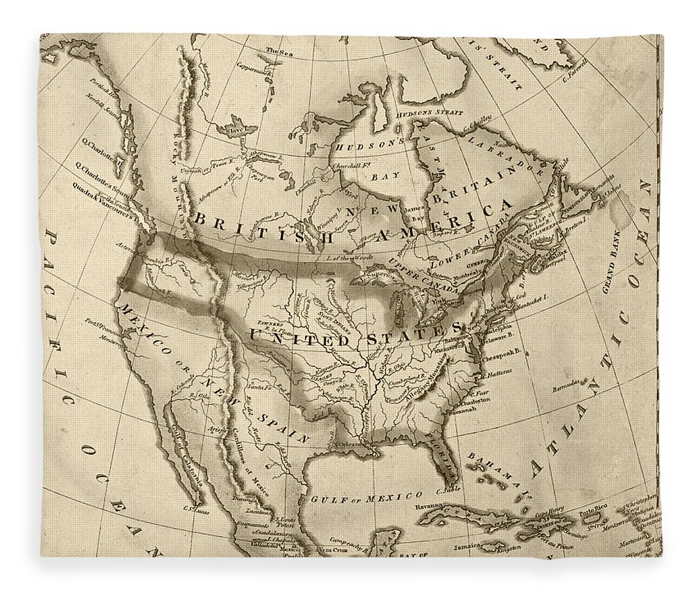 1822 Fleece Blanket featuring the digital art 1822 Map of North America Sepia by Toby McGuire