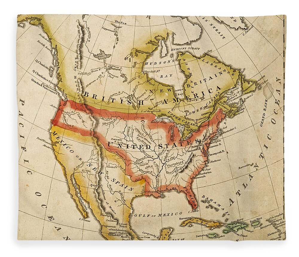 1822 Fleece Blanket featuring the digital art 1822 Map of North America by Toby McGuire