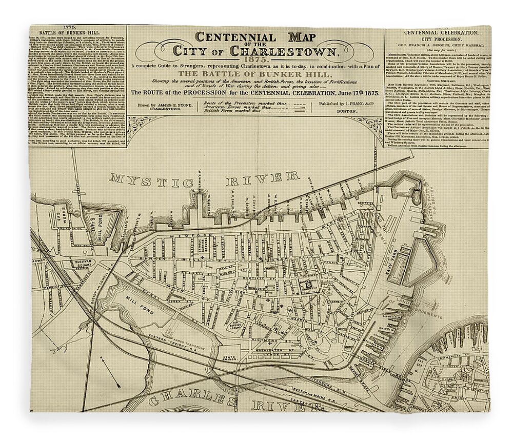 Charlestown Fleece Blanket featuring the digital art 1875 Centennial Charlestown Map Charlestown MA Sepia by Toby McGuire
