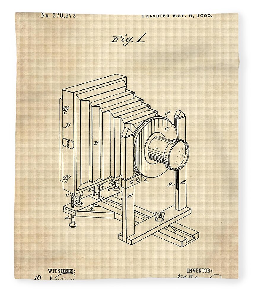 Patent Fleece Blanket featuring the digital art 1888 Camera US Patent Invention Drawing - Vintage Tan by Todd Aaron