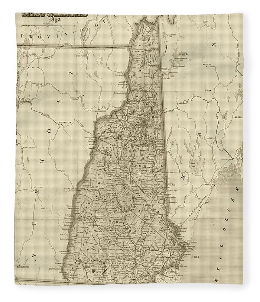 1892 Fleece Blanket featuring the digital art 1892 Railroad Commissioners Map NH Sepia by Toby McGuire