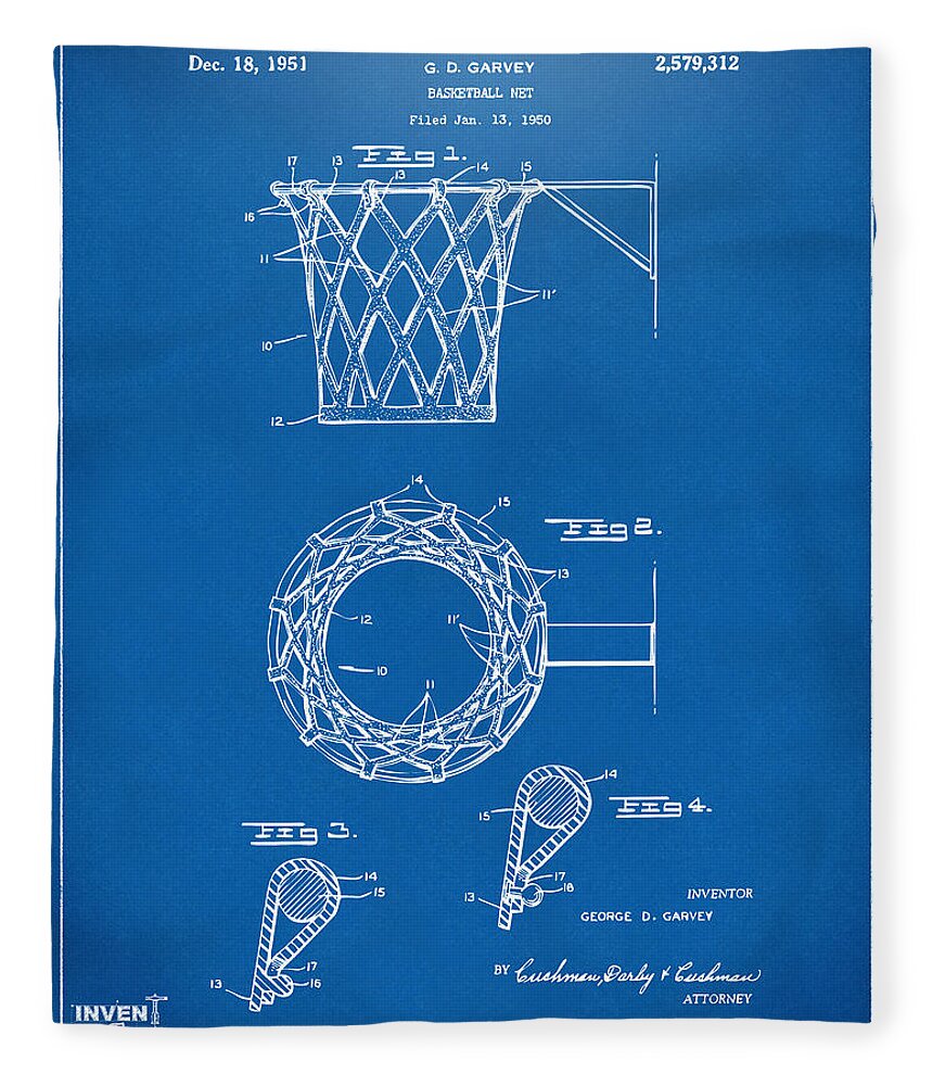 Basketball Fleece Blanket featuring the digital art 1951 Basketball Net Patent Artwork - Blueprint by Nikki Marie Smith