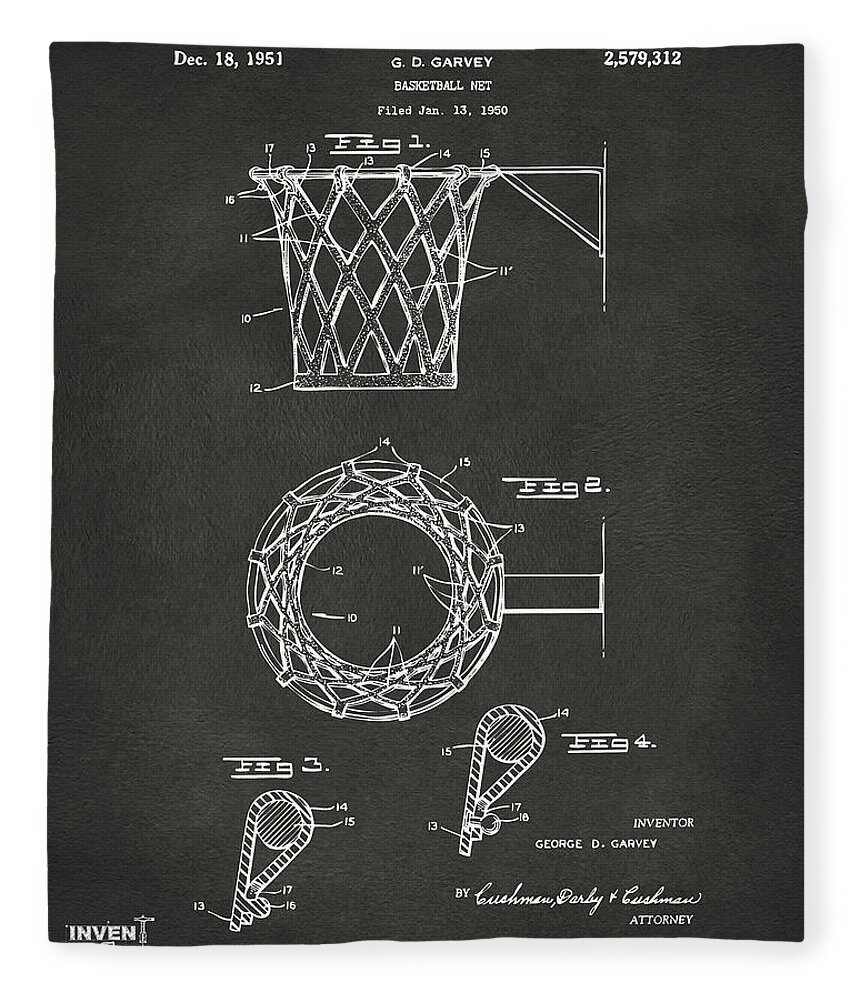 Basketball Fleece Blanket featuring the digital art 1951 Basketball Net Patent Artwork - Gray by Nikki Marie Smith