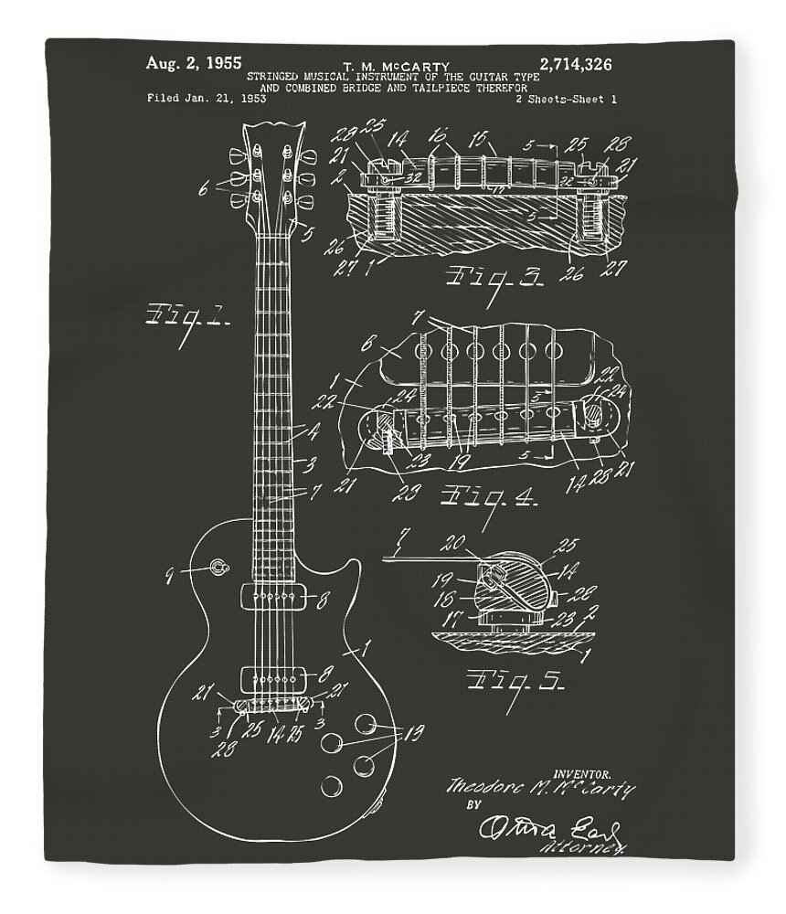 Guitar Fleece Blanket featuring the digital art 1955 McCarty Gibson Les Paul Guitar Patent Artwork - Gray by Nikki Marie Smith